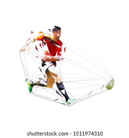 Rugby player in red jersey kicking ball, isolated poly poly illustration. Team sport athlete, geometric drawing, side view