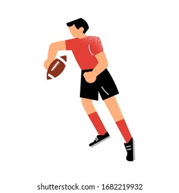 Rugby player in red t-shirt running with the ball. Vector illustration in flat cartoon style.