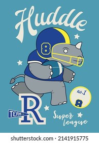 Rugby player rhino themed vector print design for kids. Can be used for baby t-shirt print, fashion print design, kids wear, baby shower, celebration, greeting and invitation.