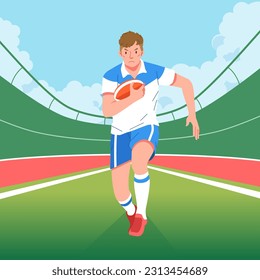 Rugby player running across the perspective center field carrying the ball