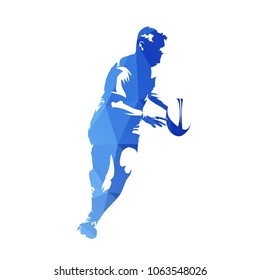 Rugby player running with ball, abstract blue geometric vector silhouette