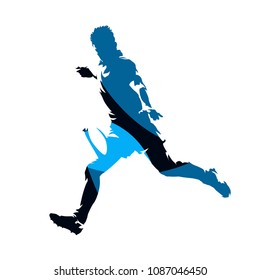 Rugby player running with ball, abstract blue geometric vector silhouette