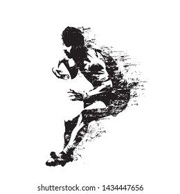 Rugby player running with ball, abstract isolated vector silhouette, side view