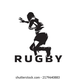 Rugby player running with ball, abstract isolated vector silhouette, ink drawing. Team sport athlete. Rugby logo