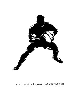 Rugby player running with ball, abstract isolated vector silhouette, front view