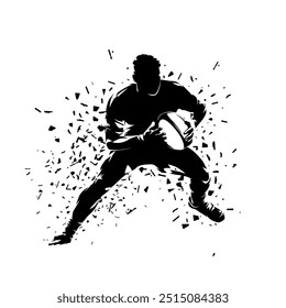 Rugby player running with ball, abstract isolated vector silhouette, front view