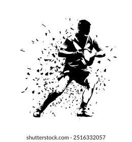 Rugby player running with ball, abstract isolated vector silhouette, front view