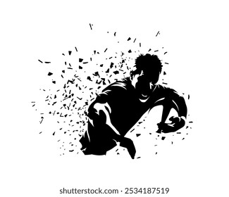 Rugby player running with ball, abstract isolated vector silhouette