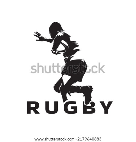 Rugby player running with ball, abstract isolated vector silhouette, ink drawing. Team sport athlete. Rugby logo
