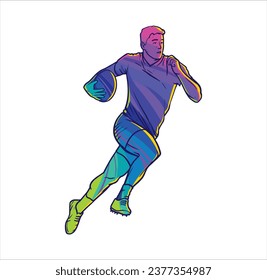 Rugby player running with ball action motion dynamic colorful illustration