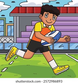 Rugby Player Running the Ball Colored Cartoon 