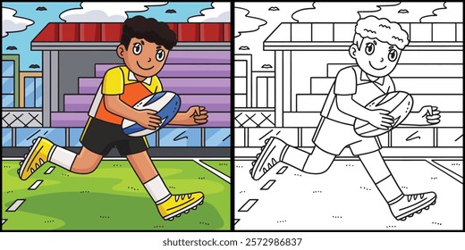 Rugby Player Running Ball Coloring Illustration