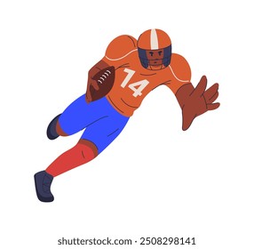 Rugby-Spieler mit Ball, flache Cartoon-Vektorgrafik. Sportler in Uniform und Helm, isolierter Mann in Bewegung auf dem Feld. Training und Training, American Football