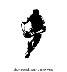 Rugby player running with ball in hands, front view. Isolated vector silhouette