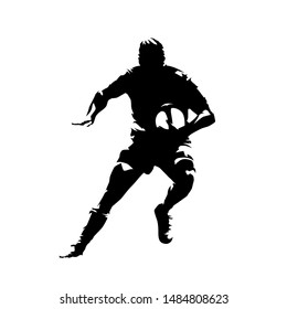 Rugby player running with ball in hands, front view. Isolated vector silhouette