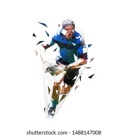 Rugby player running with ball in hands, front view. Isolated low polygonal vector illustration