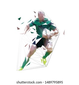 Rugby player running with ball in hands, front view. Isolated low polygonal vector illustration