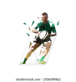 Rugby player running with ball in hands, front view. Isolated low polygonal geometric vector illustration