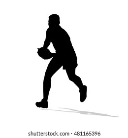 Rugby player running with ball in hands. Vector silhouette