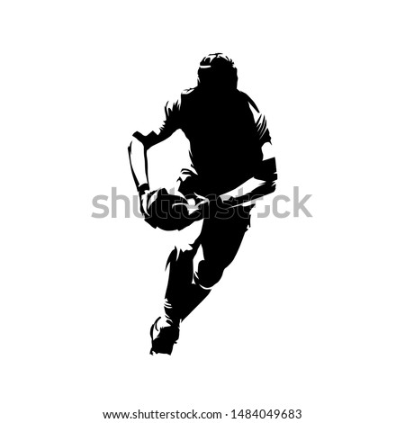 Rugby player running with ball in hands, front view. Isolated vector silhouette