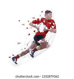 Rugby player running with ball, isolated low polygonal vector illustration