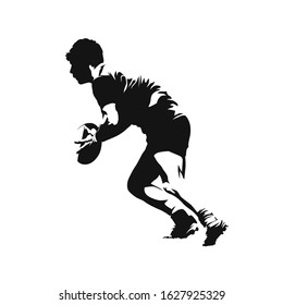 Rugby player running with ball, isolated vector silhouette, ink drawing