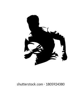 Rugby player running with ball, isolated vector silhouette, ink drawing