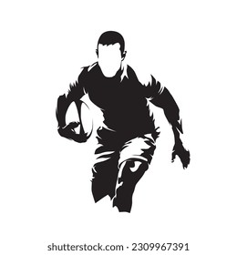 Rugby player running with ball, isolated vector silhouette, rugby logo, front view