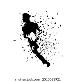 Rugby player running with ball, isolated vector silhouette, ink drawing