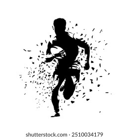 Rugby player running with ball, isolated vector silhouette, ink drawing