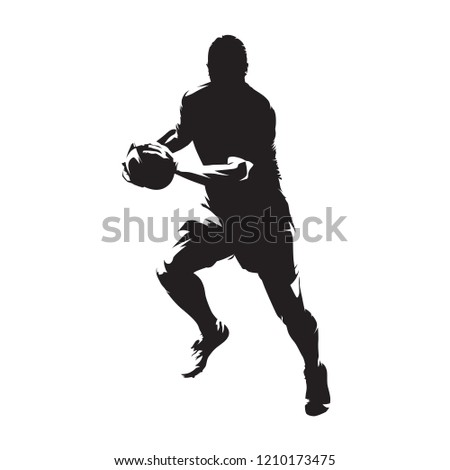 Rugby player running with ball, isolated vector silhouette,front view. Ink drawing. Team sport