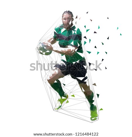 Rugby player running with ball, isolated low polygonal vector illustration