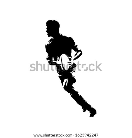 Rugby player running with ball, isolated vector silhouette, ink drawing