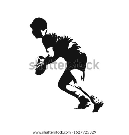 Rugby player running with ball, isolated vector silhouette, ink drawing