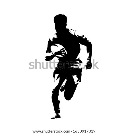 Rugby player running with ball, isolated vector silhouette, ink drawing