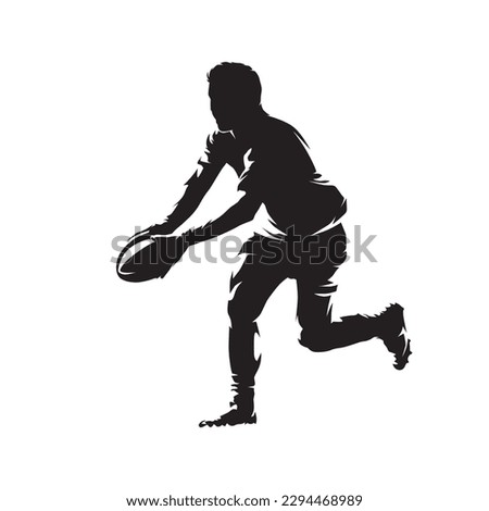 Rugby player running with ball, isolated vector silhouette. Rugby logo