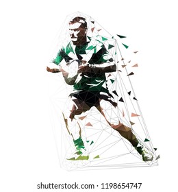 Rugby player running with ball, low polygona vector illustration, front view