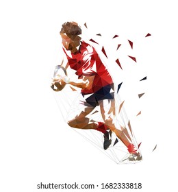 Rugby player running with ball, low poly isolated vector illustration