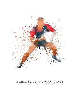 Rugby player running with ball,  low polygonal abstract isolated vector illustration, front view