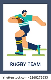 Rugby player running with ball, poster template, flat vector illustration. Rugby team advertising banner. Character playing team sport. American football player.
