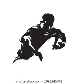 Rugby player running with ball, team sport logo. Isolated vector silhouette