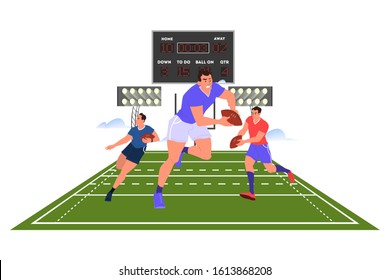 Rugby player running with a ball. Rugby player training. Athlete on the stadium. Championship tournament, team sport concept. Isolated vector illustration in cartoon style