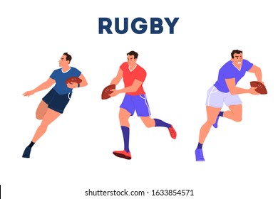 Rugby player running with a ball. Rugby player training. Athlete on the stadium. Championship tournament, team sport concept. Isolated vector illustration in cartoon style