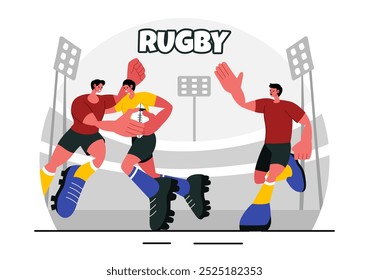 Jugador de rugby Corriendo y atrapando la Ilustración vectorial de pelota en un campeonato deportivo o torneo en un estadio con un fondo de dibujos animados de estilo plano