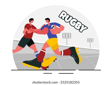 Jugador de rugby Corriendo y atrapando la Ilustración vectorial de pelota en un campeonato deportivo o torneo en un estadio con un fondo de dibujos animados de estilo plano