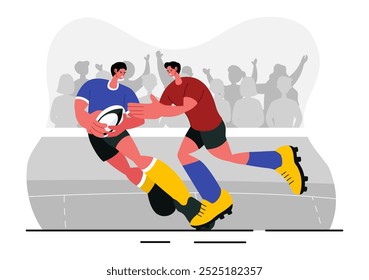 Jugador de rugby Corriendo y atrapando la Ilustración vectorial de pelota en un campeonato deportivo o torneo en un estadio con un fondo de dibujos animados de estilo plano