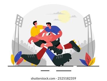 Jugador de rugby Corriendo y atrapando la Ilustración vectorial de pelota en un campeonato deportivo o torneo en un estadio con un fondo de dibujos animados de estilo plano