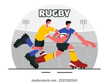 Jugador de rugby Corriendo y atrapando la Ilustración vectorial de pelota en un campeonato deportivo o torneo en un estadio con un fondo de dibujos animados de estilo plano