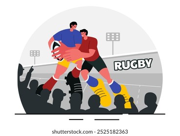 Jugador de rugby Corriendo y atrapando la Ilustración vectorial de pelota en un campeonato deportivo o torneo en un estadio con un fondo de dibujos animados de estilo plano