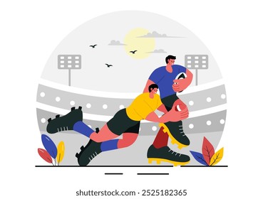 Jugador de rugby Corriendo y atrapando la Ilustración vectorial de pelota en un campeonato deportivo o torneo en un estadio con un fondo de dibujos animados de estilo plano